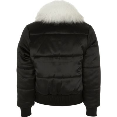 Girls black puffer coat with faux fur trim